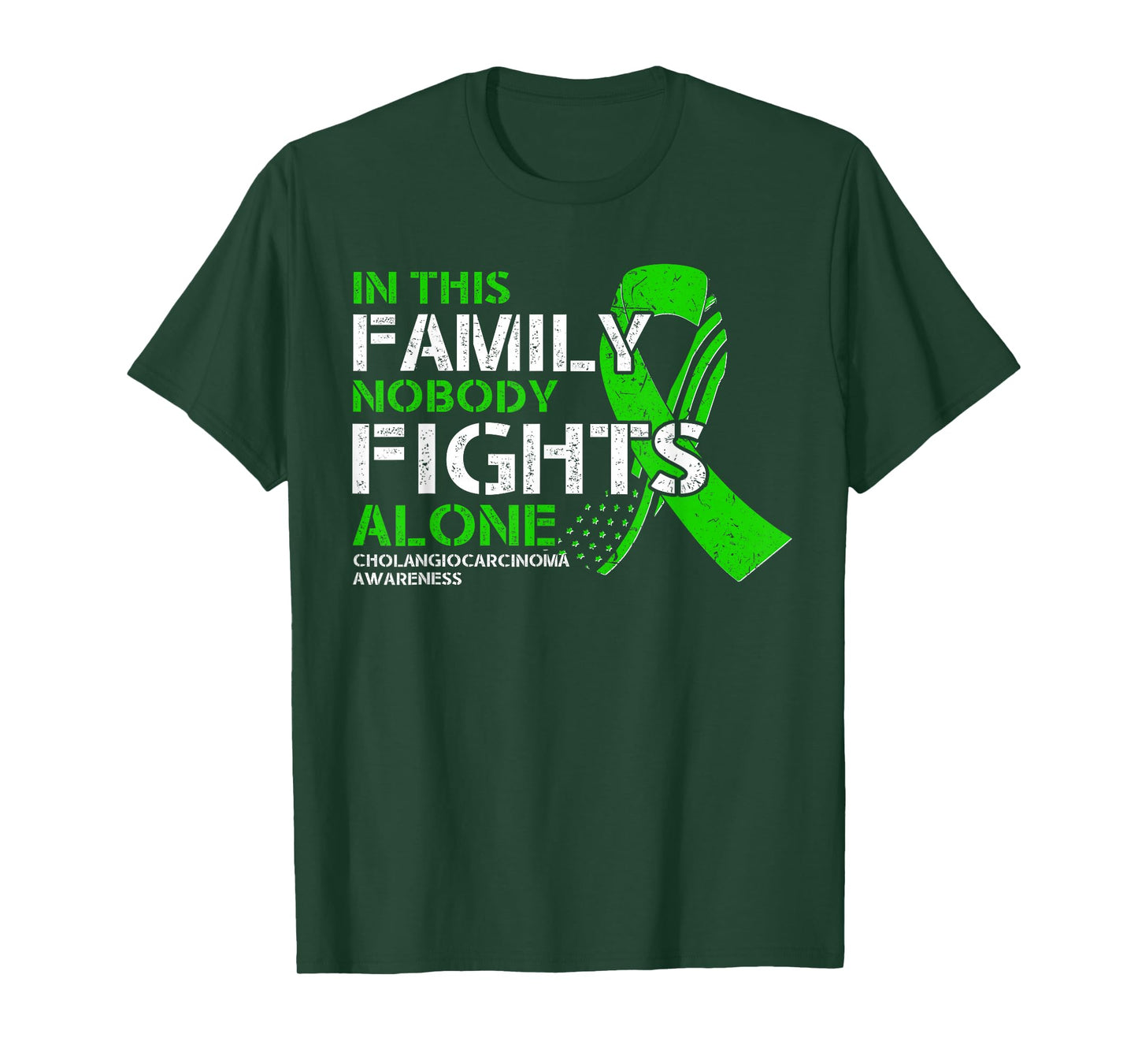 Cholangiocarcinoma Awareness - American Flag Green Ribbon T-Shirt