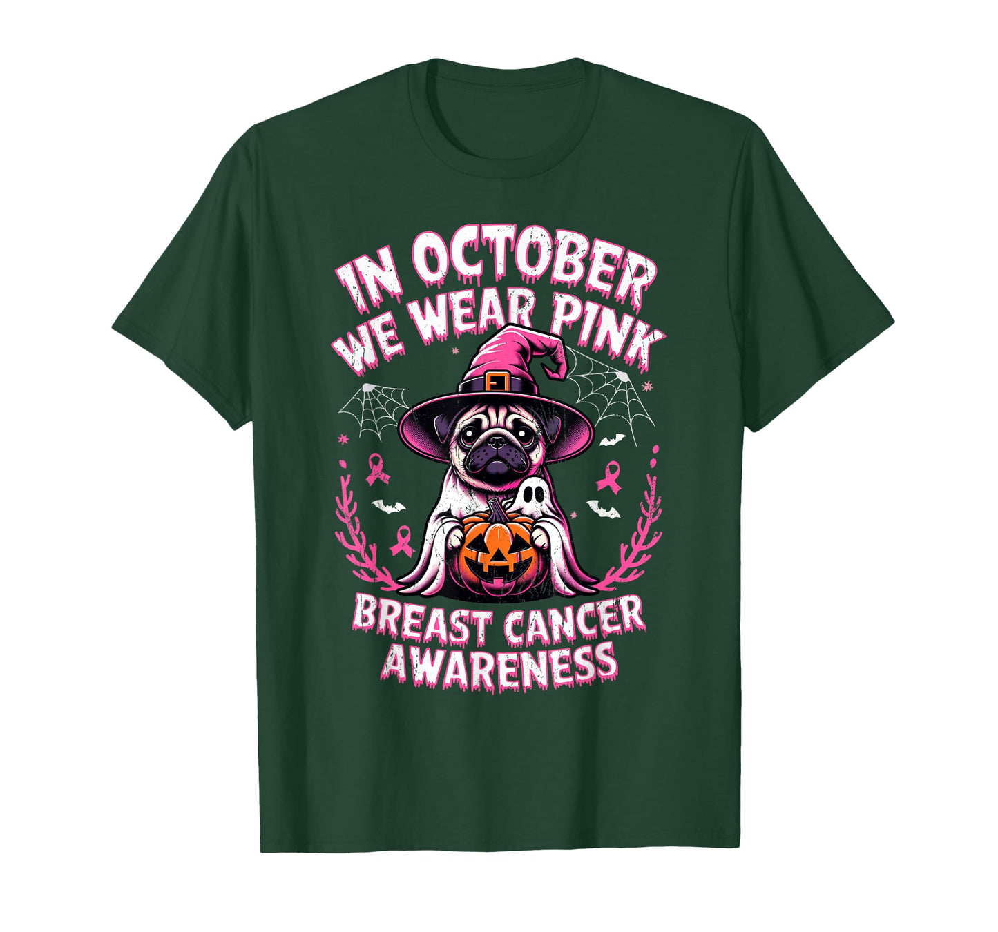 In October We Wear Pink Ghost Pug Breast Cancer T-Shirt