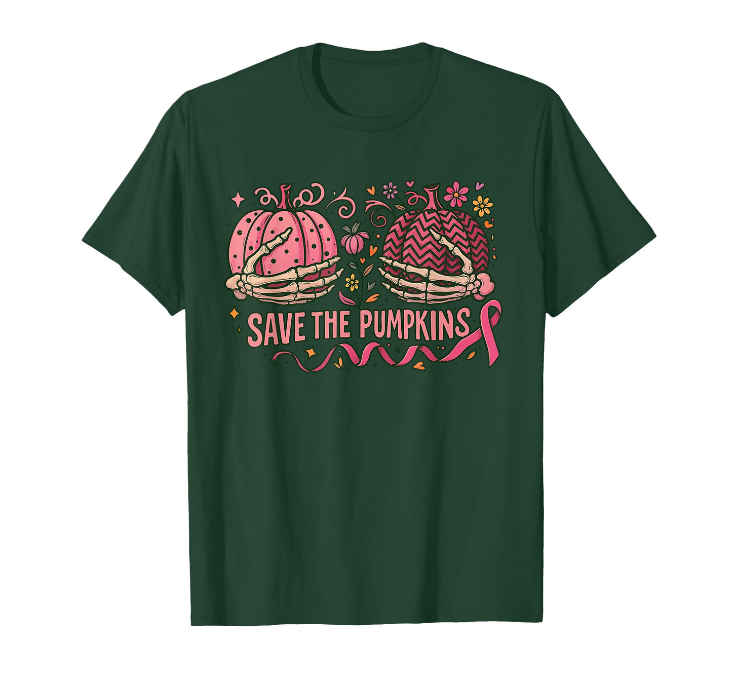 Skeleton Save The Pumpkins, Pink Ribbon Breast Cancer T-Shirt