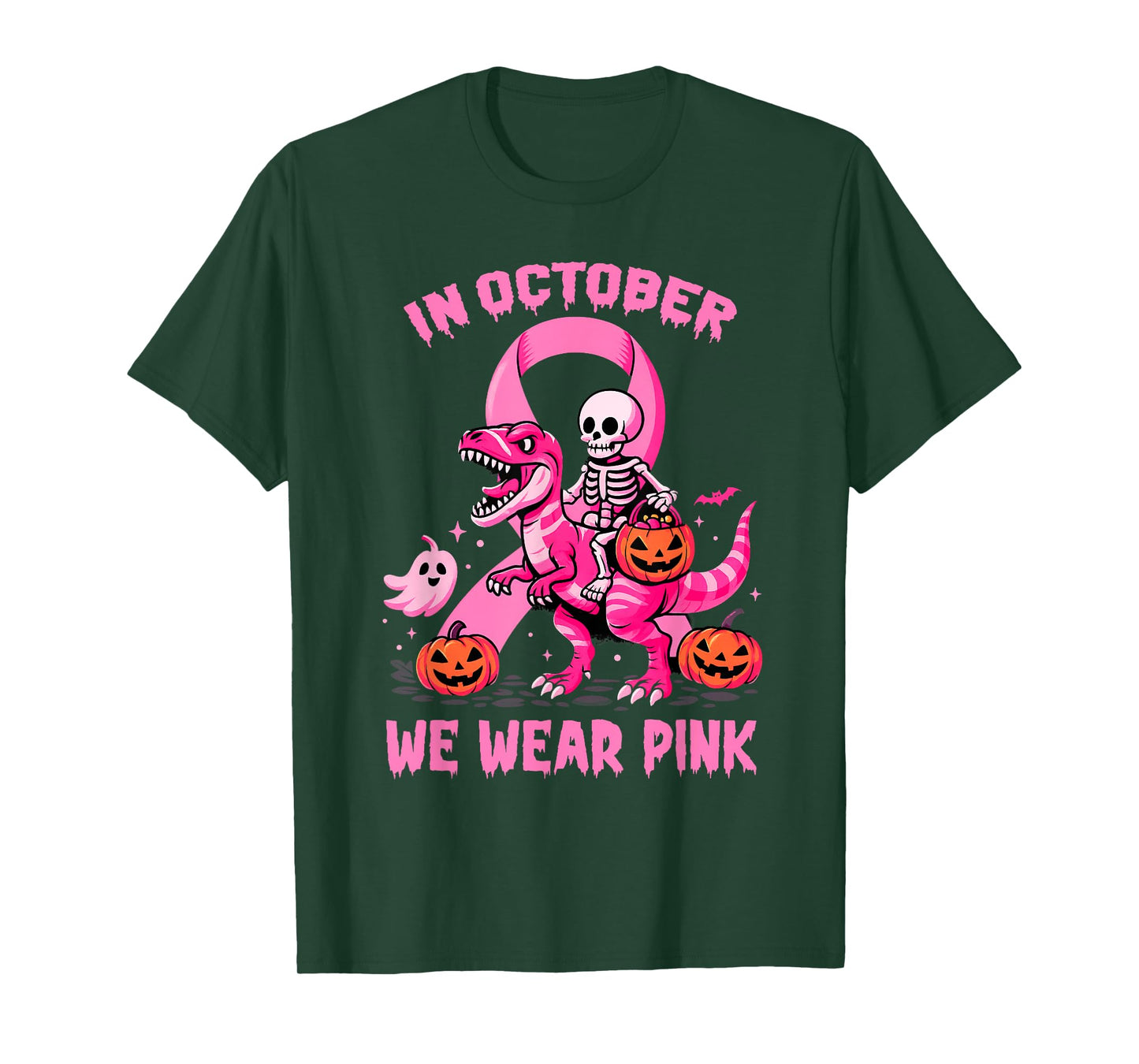 in October We Wear Pink Skeleton Riding Dinosaur T Rex T-Shirt
