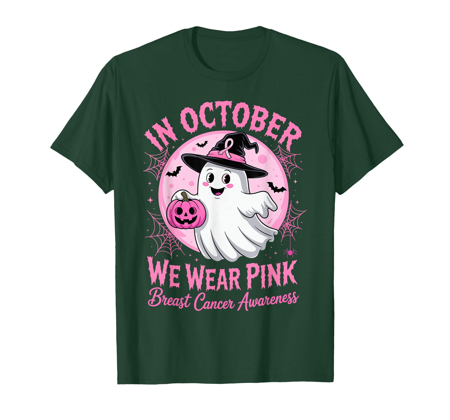 in October We Wear Pink Ghost Pumpkin Breast Cancer Survivor T-Shirt