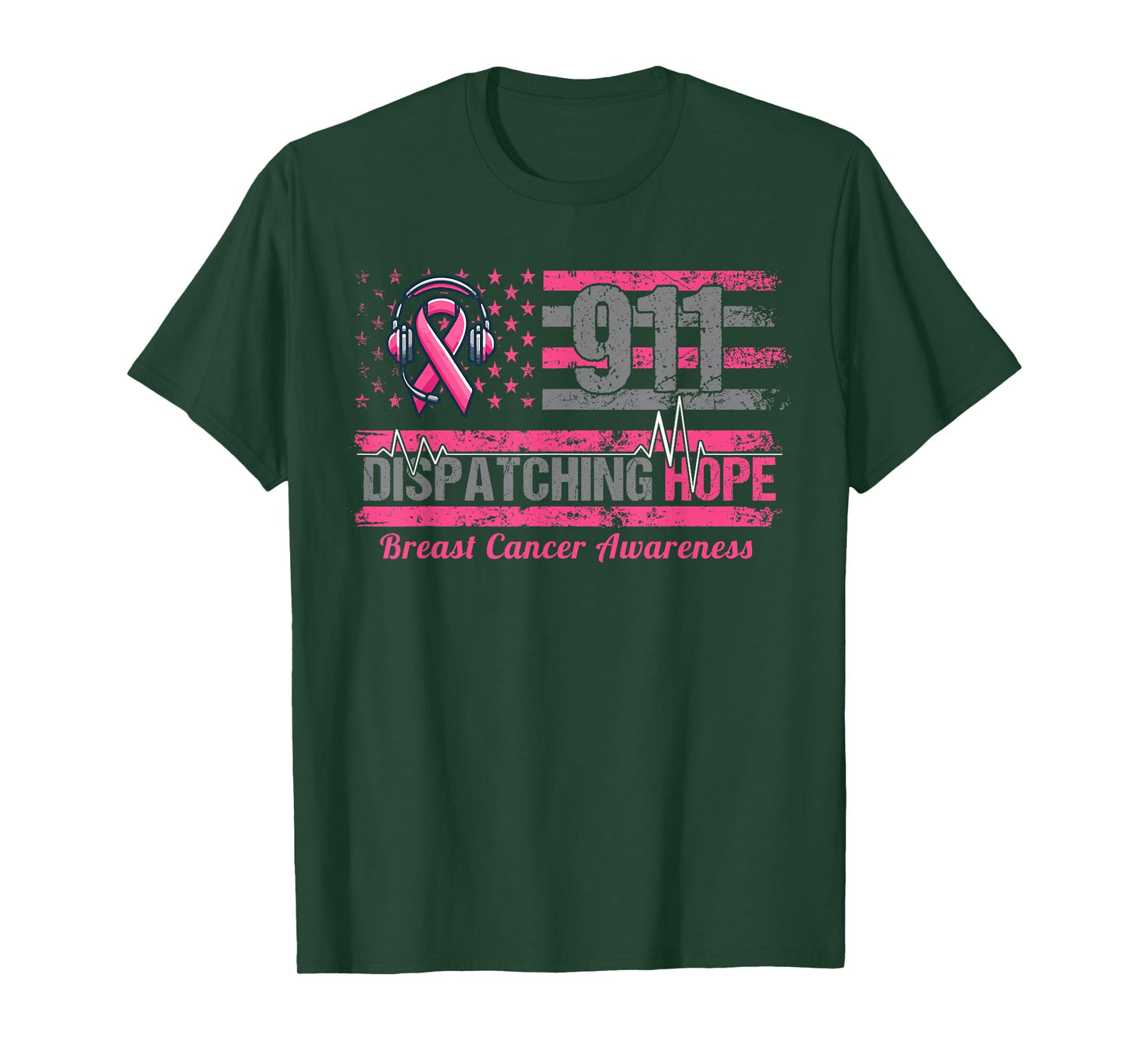 911 Dispatcher Breast Cancer Awareness American Flag T-Shirt