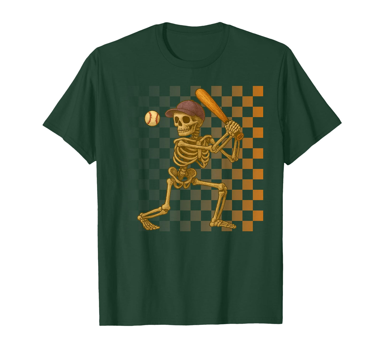 Skeleton Baseball Halloween Costume Retro Vintage Checkered T-Shirt