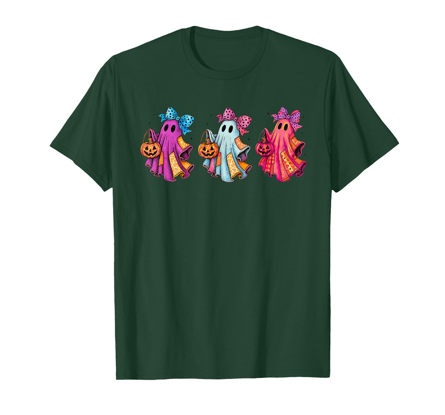 Preppy Girly Coquette Bow Patchwork Ghost Fall Halloween T-Shirt