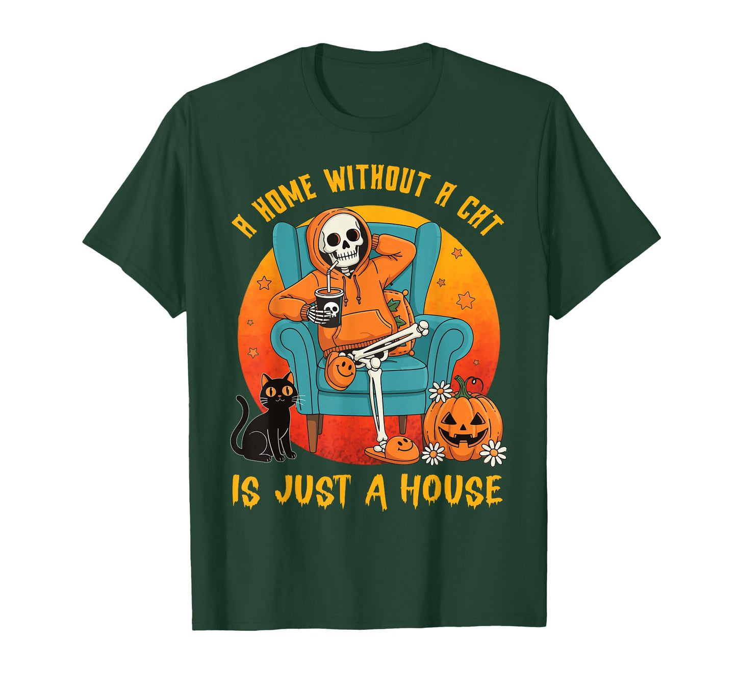 Spooky Skeleton Halloween A Home Without a Black Cat Pumpkin T-Shirt