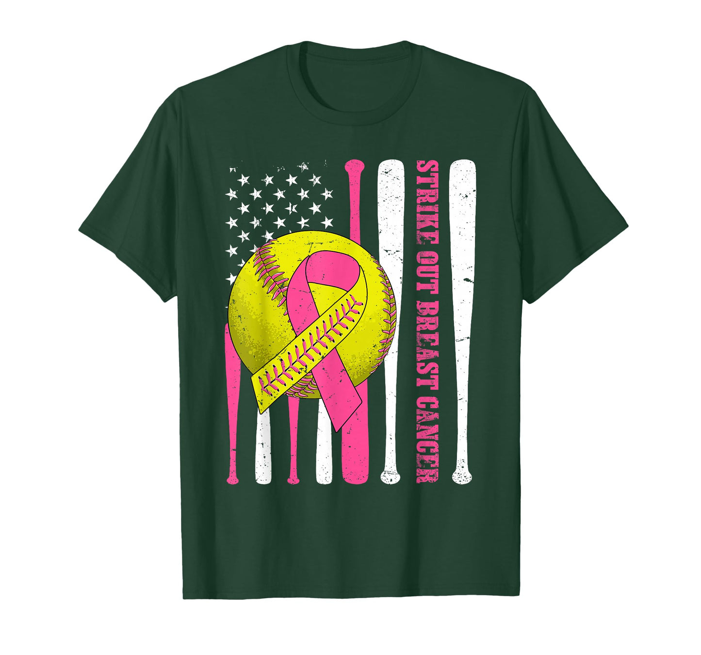 Strike Out Breast Cancer Softball American Flag Women Girls T-Shirt