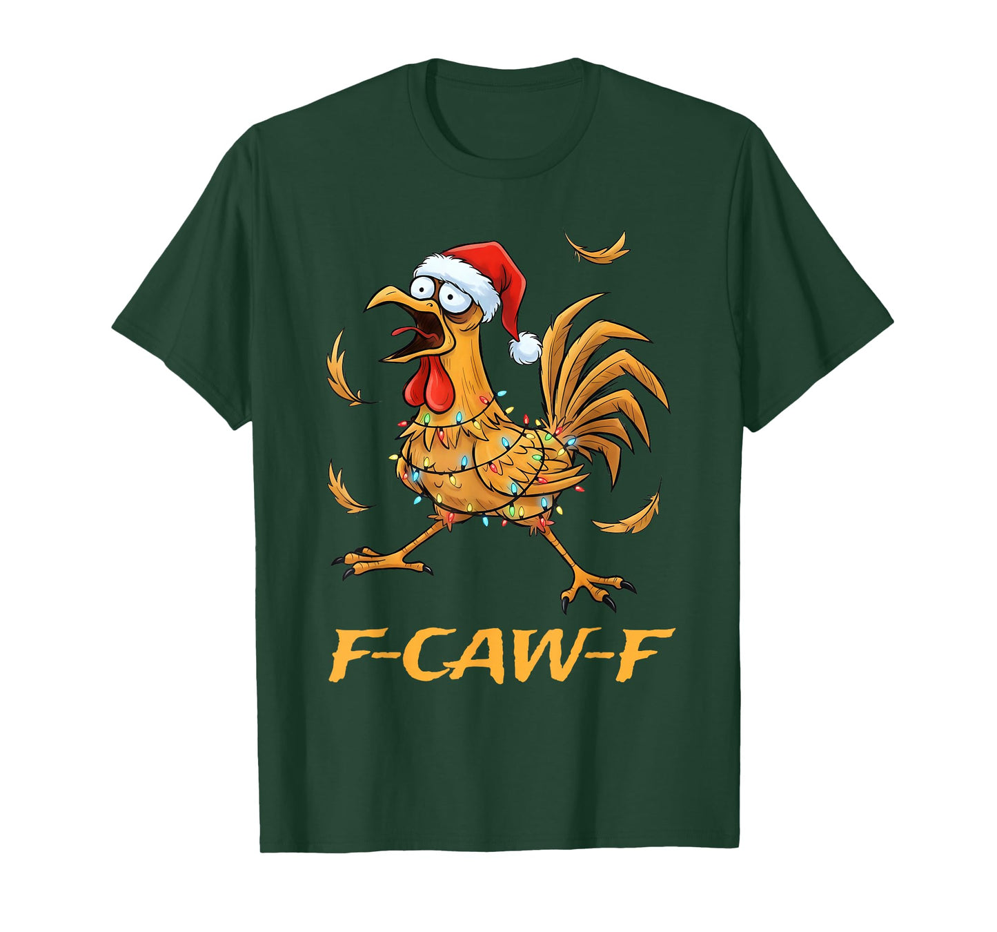 F-Caw-F Rooster with Santa hat Wrapped in Christmas Lights T-Shirt