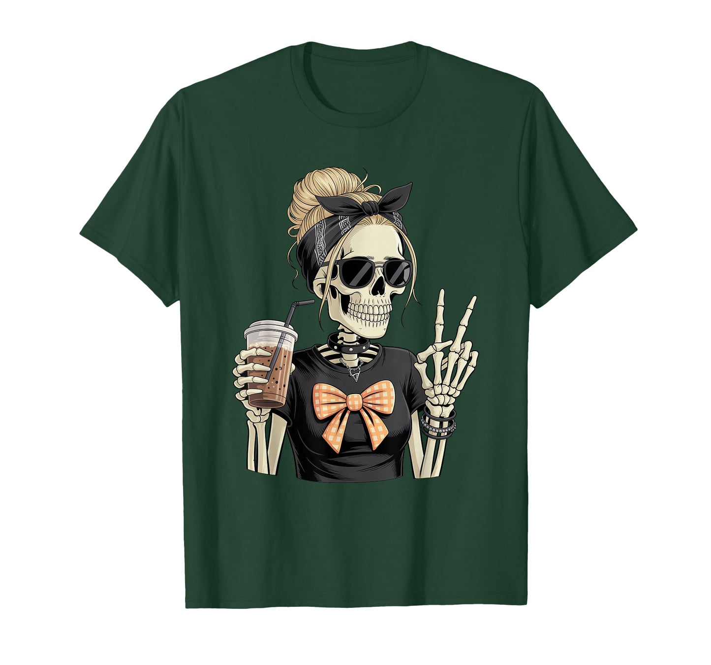 Skeleton Girl Drinking Coffee Peace Sign Graphic for Women T-Shirt