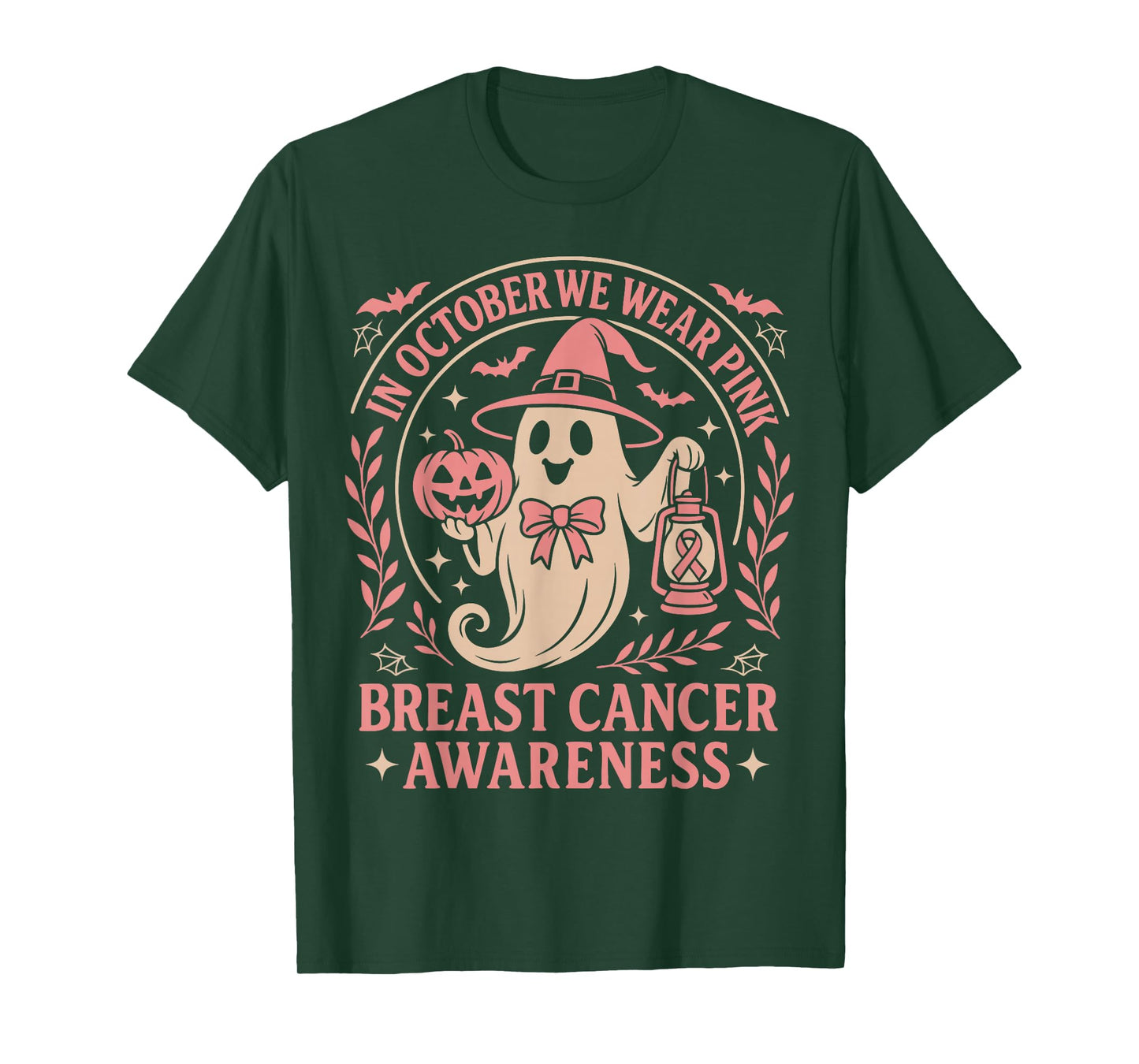 in October We Wear Pink Halloween Witch Pumpkin Ribbon T-Shirt