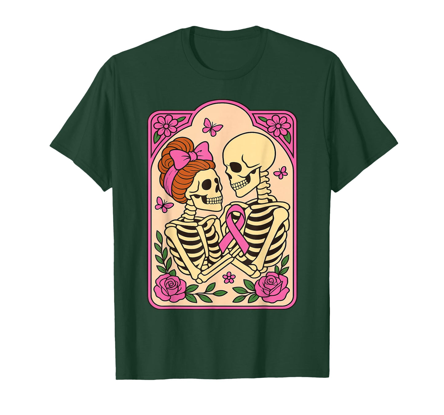 Skeleton Hugging Skeleton Halloween Breast Cancer Awareness T-Shirt