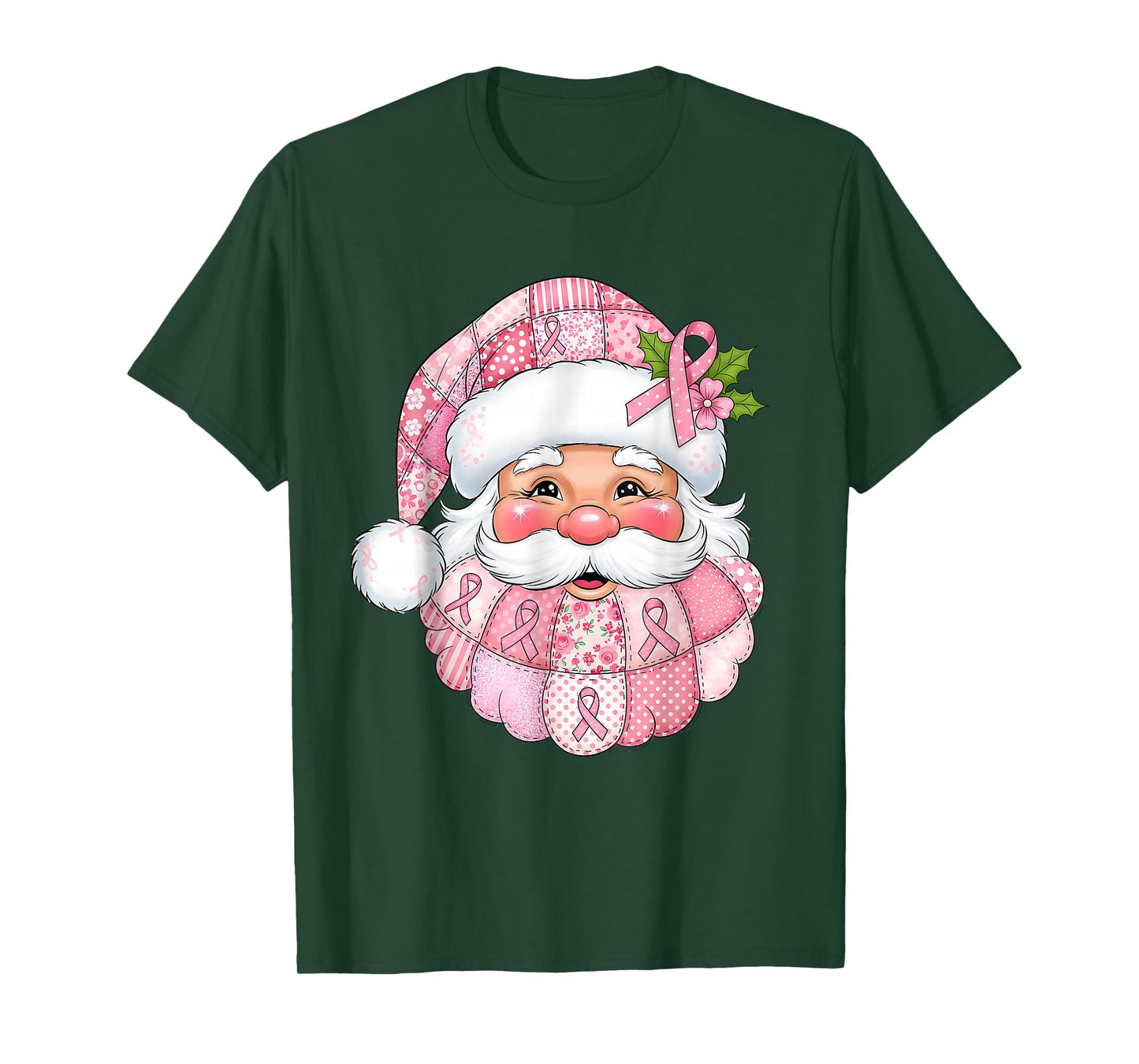 Pink Patchwork Santa Breast Cancer Awareness Christmas T-Shirt