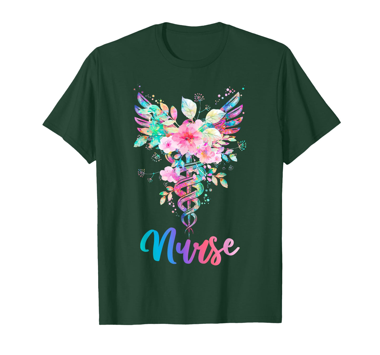 Nurse Watercolor Floral Caduceus T-Shirt