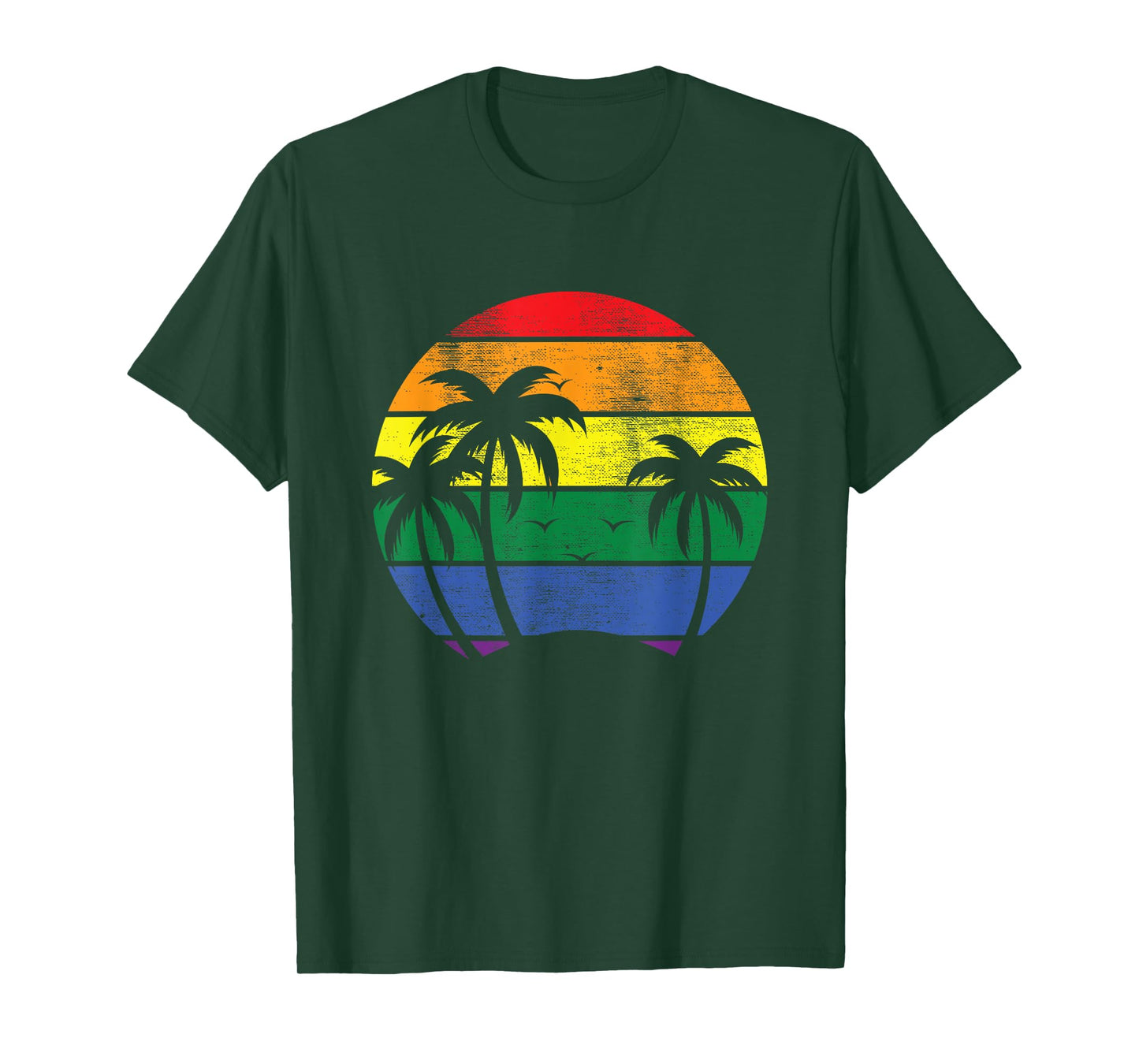 Pacific Ocean Palm Trees With Vintage LGBT Rainbow Sunset T-Shirt