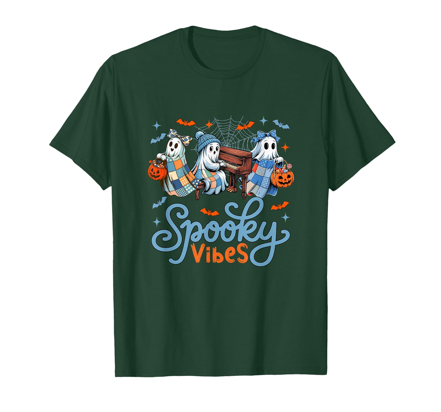 Spooky Funny Vibes Halloween Three Cute Boos Playing Piano T-Shirt