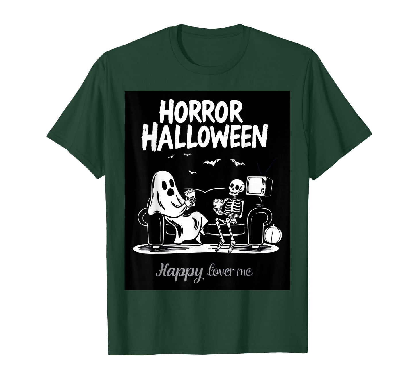 Funny Ghost and Skeleton Watching TV with Popcorn Halloween T-Shirt
