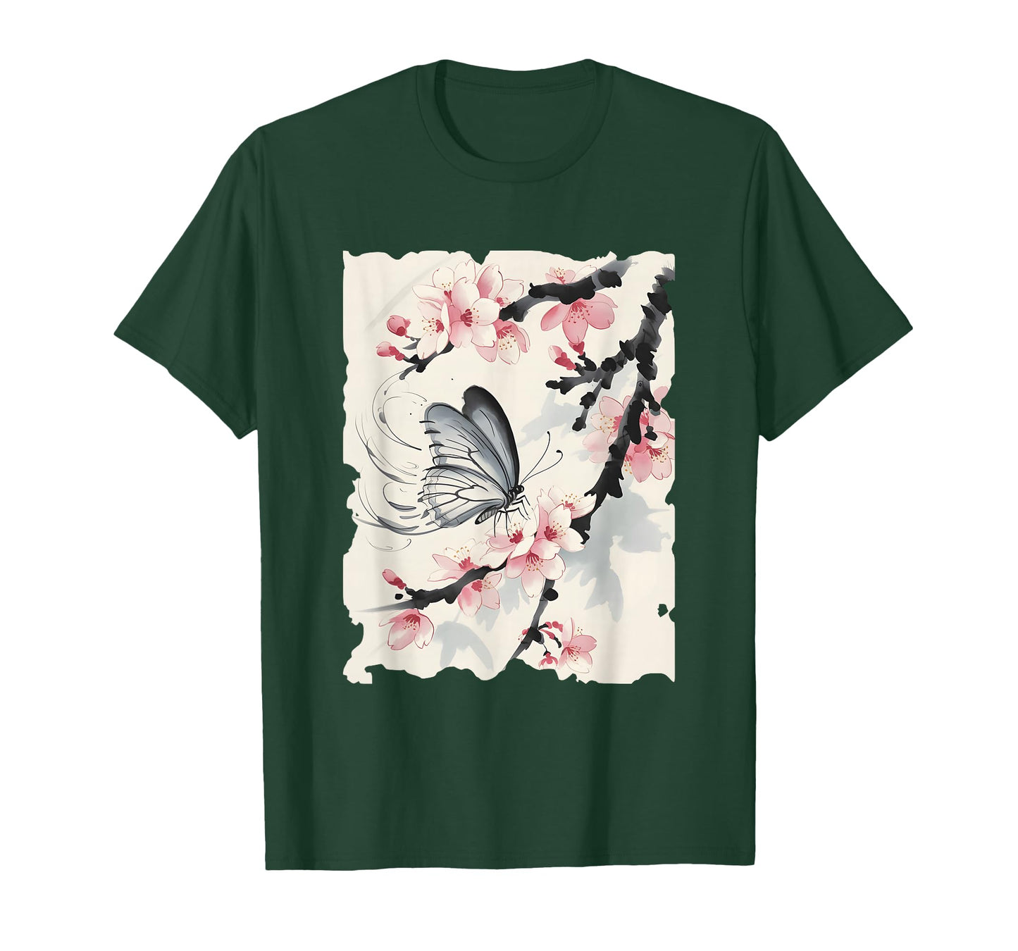 Butterfly Cherry Blossoms Japanese Art - Vintage Sumi-e T-Shirt