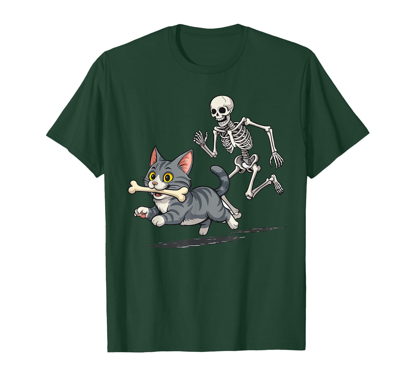 Funny Skeleton Chasing Cat Halloween Pet Lover T-Shirt