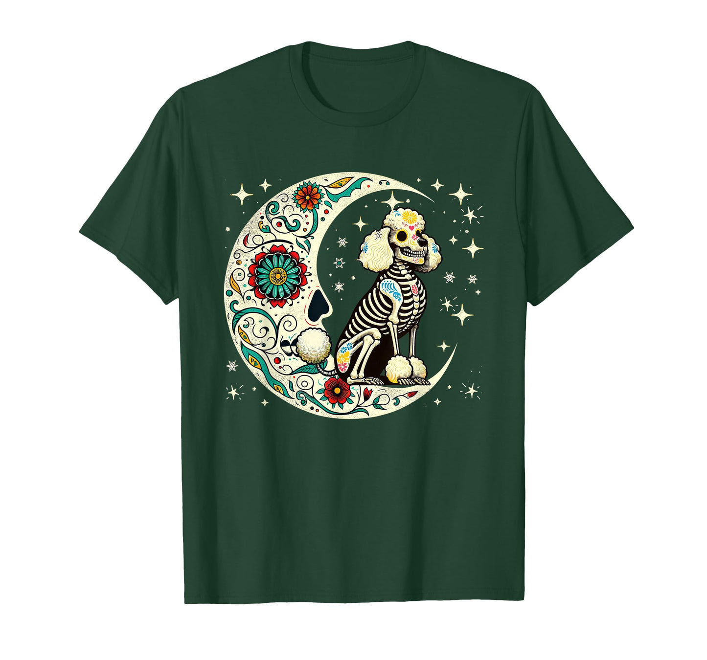 Dia De Los Muertos Halloween Moon Floral Skeleton Poodle T-Shirt