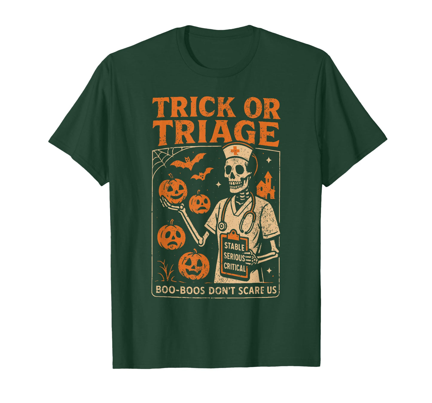 Trick or Triage Skeleton Pumpkin Nurse Halloween Costume T-Shirt