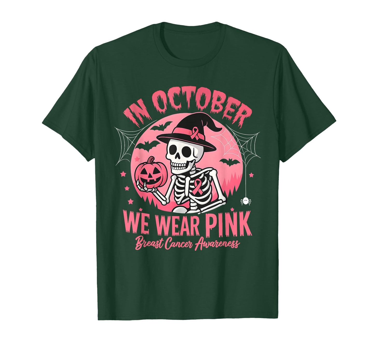 in October We Wear Pink Breast Cancer Skeleton Halloween T-Shirt