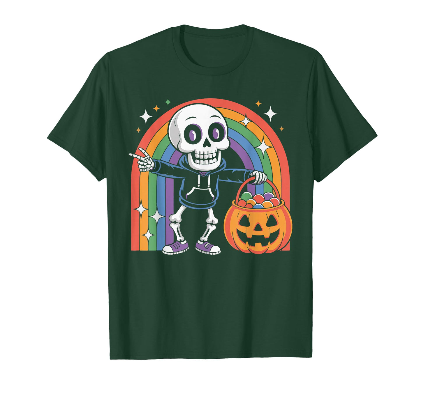 Rainbow Skeleton Pumpkin Candy Trick or Treat Halloween Fun T-Shirt