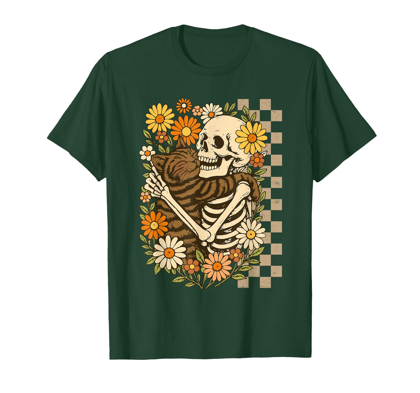 Floral Skeleton Hugging Cat Halloween Cat Lover Cat Mom Dad T-Shirt