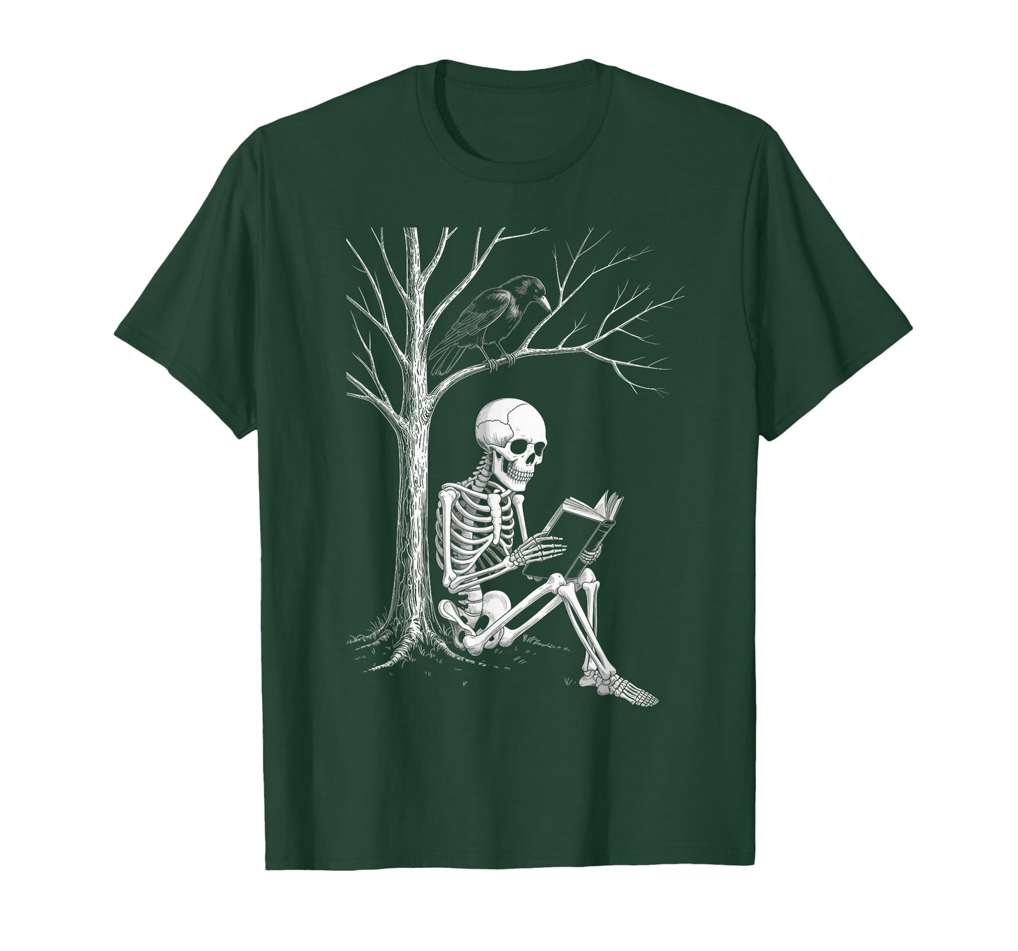 Spooky Skeleton Reading Book Halloween Tree Crow T-Shirt