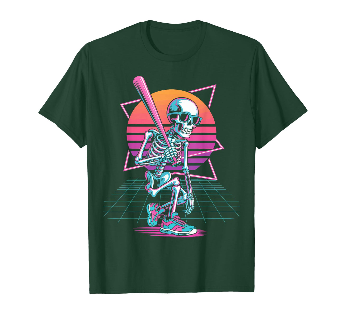Retro 80s Skeleton Baseball Graphic Halloween Vaporwave T-Shirt