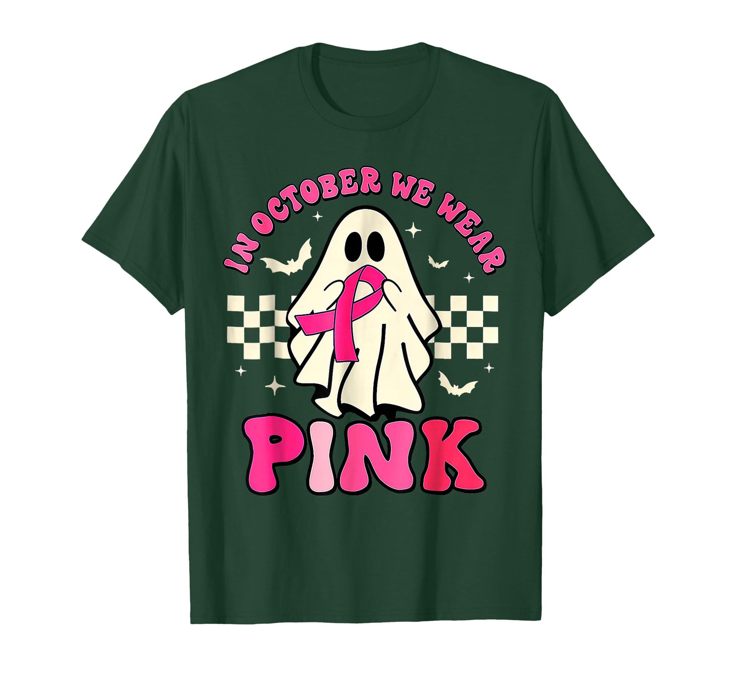 Groovy We Wear Pink Breast Cancer Awareness Ghost Halloween T-Shirt