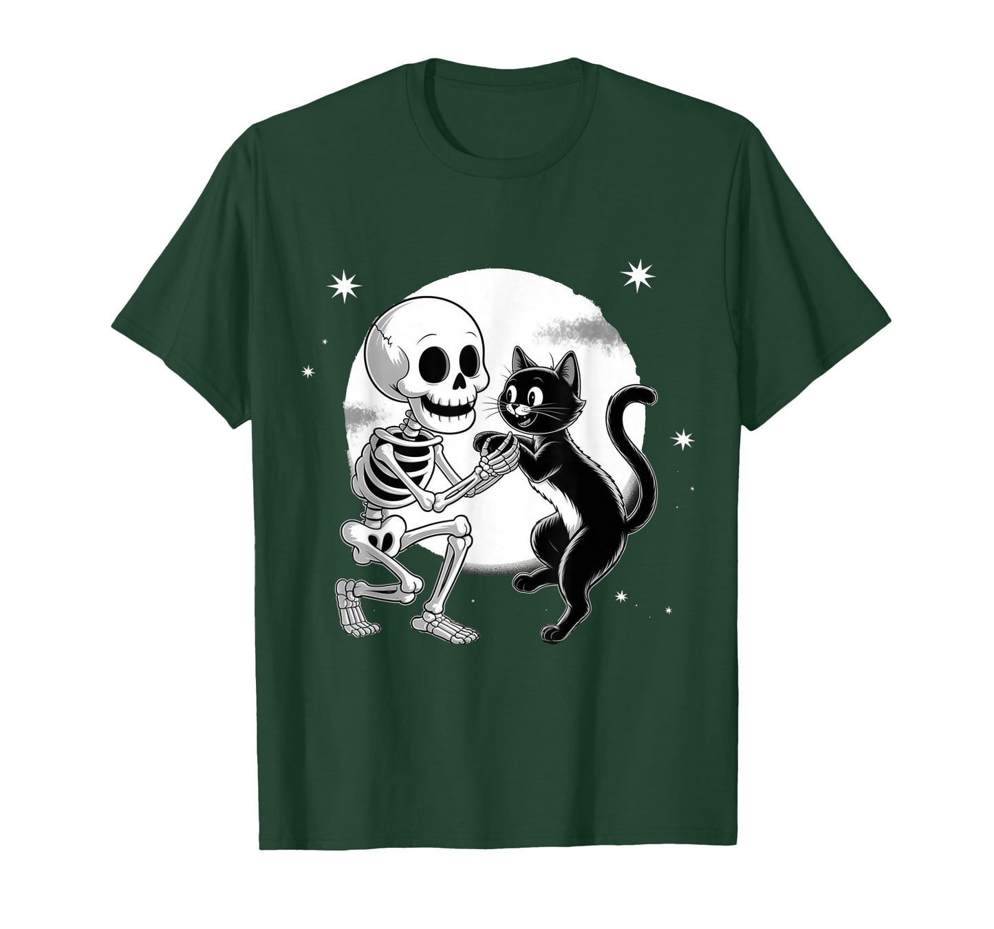 Skeleton Hugging Black Cat Under Full Moon Halloween T-Shirt