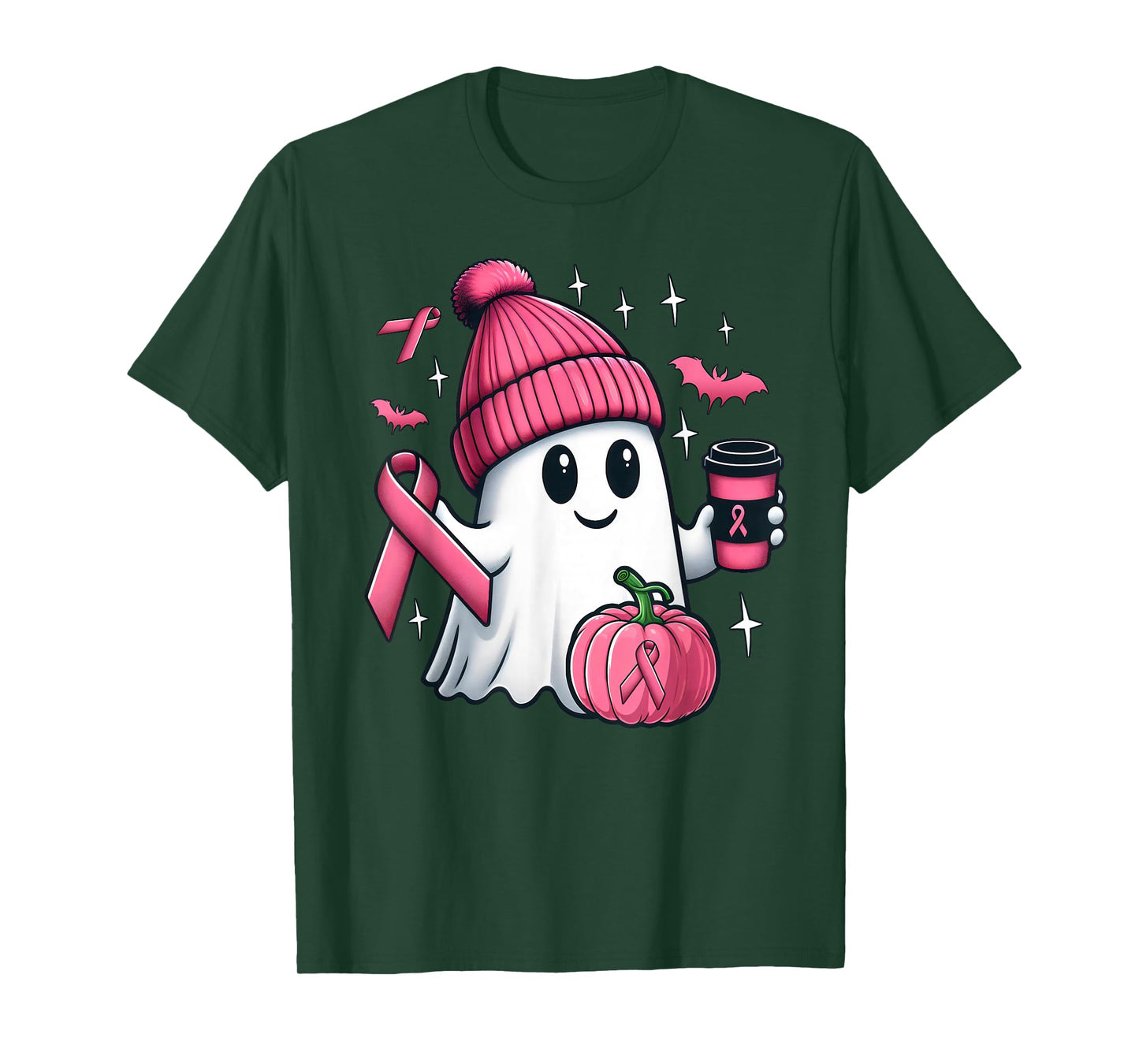 Cute Ghost Drinking Coffee Halloween Breast Cancer Awareness T-Shirt