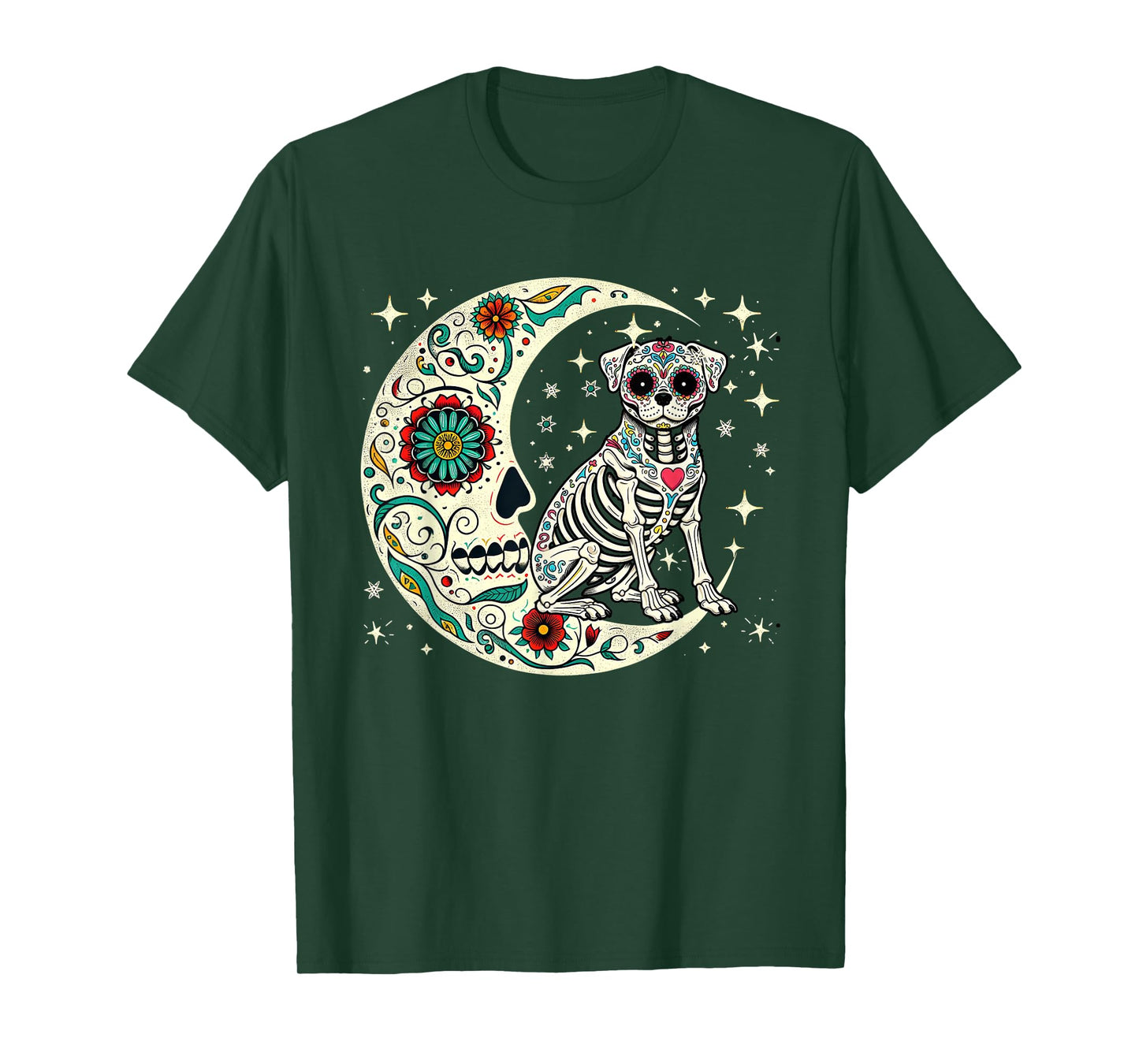 Dia De Los Muertos Halloween Moon Floral Skeleton Pug T-Shirt