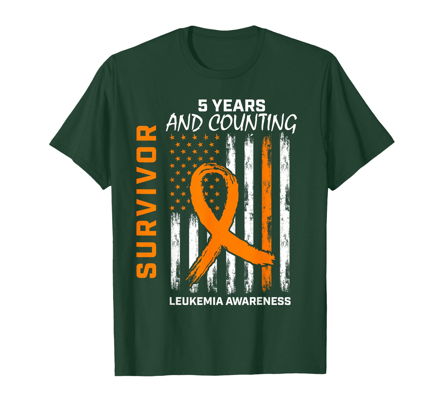 5 Years Cancer Free Orange Leukemia Survivor American Flag Women Kids Men T-Shirt