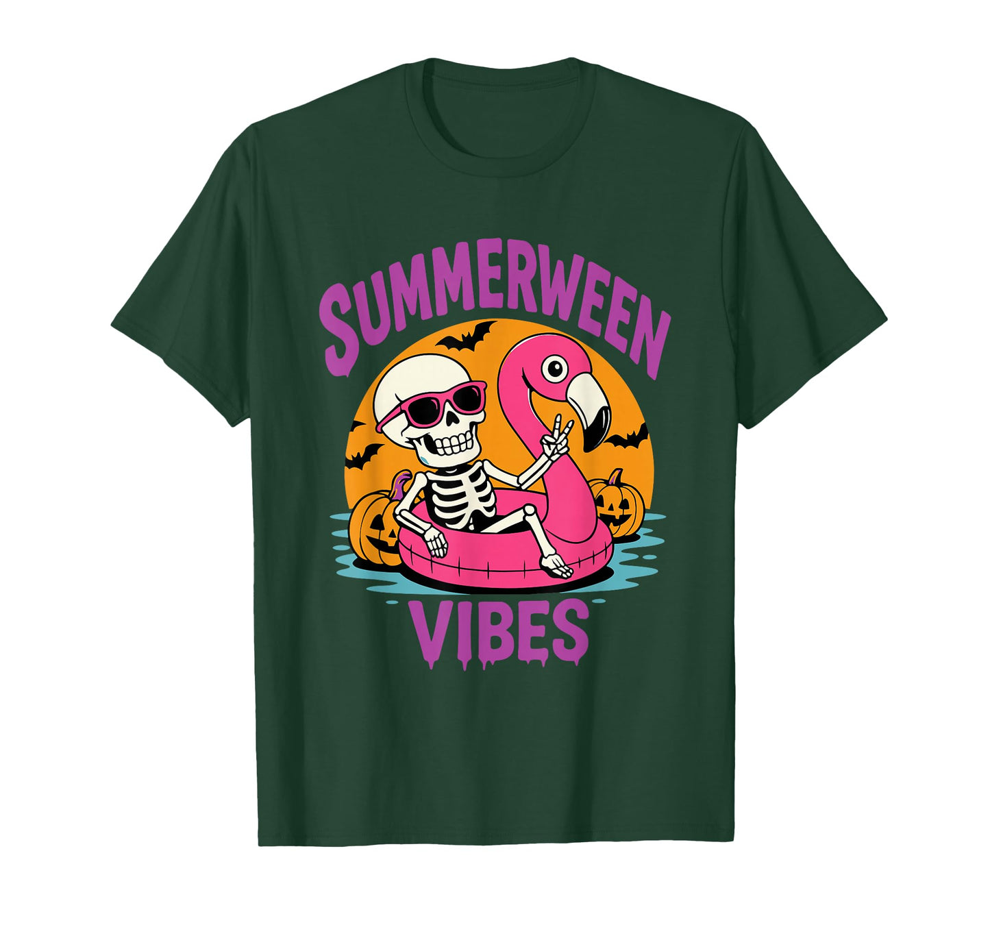 Summerween Skeleton Flamingo Spooky Funny Summer Halloween T-Shirt