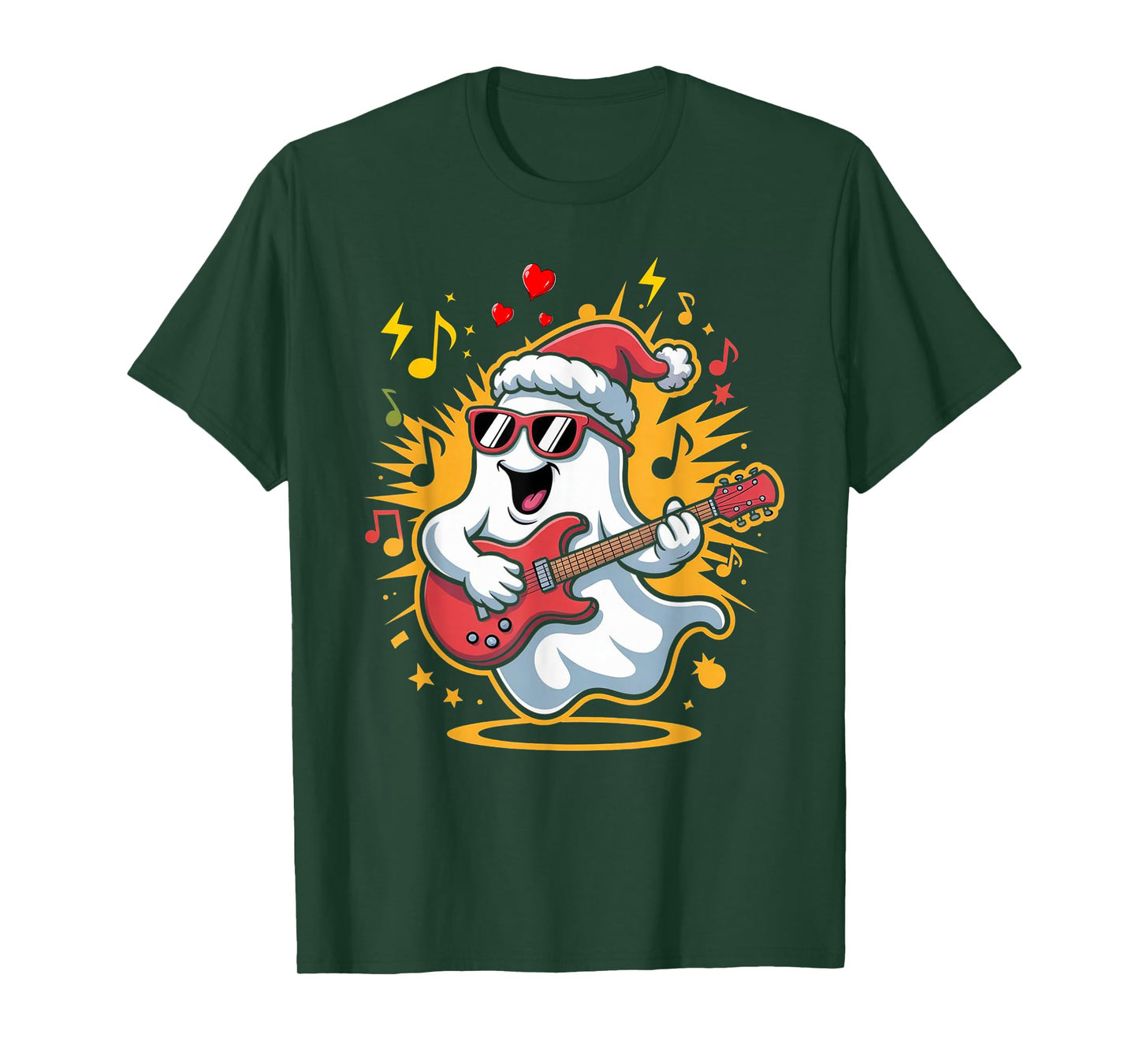 Halloween Rocker Ghost Santa Hat Cool Christmas Love Music T-Shirt