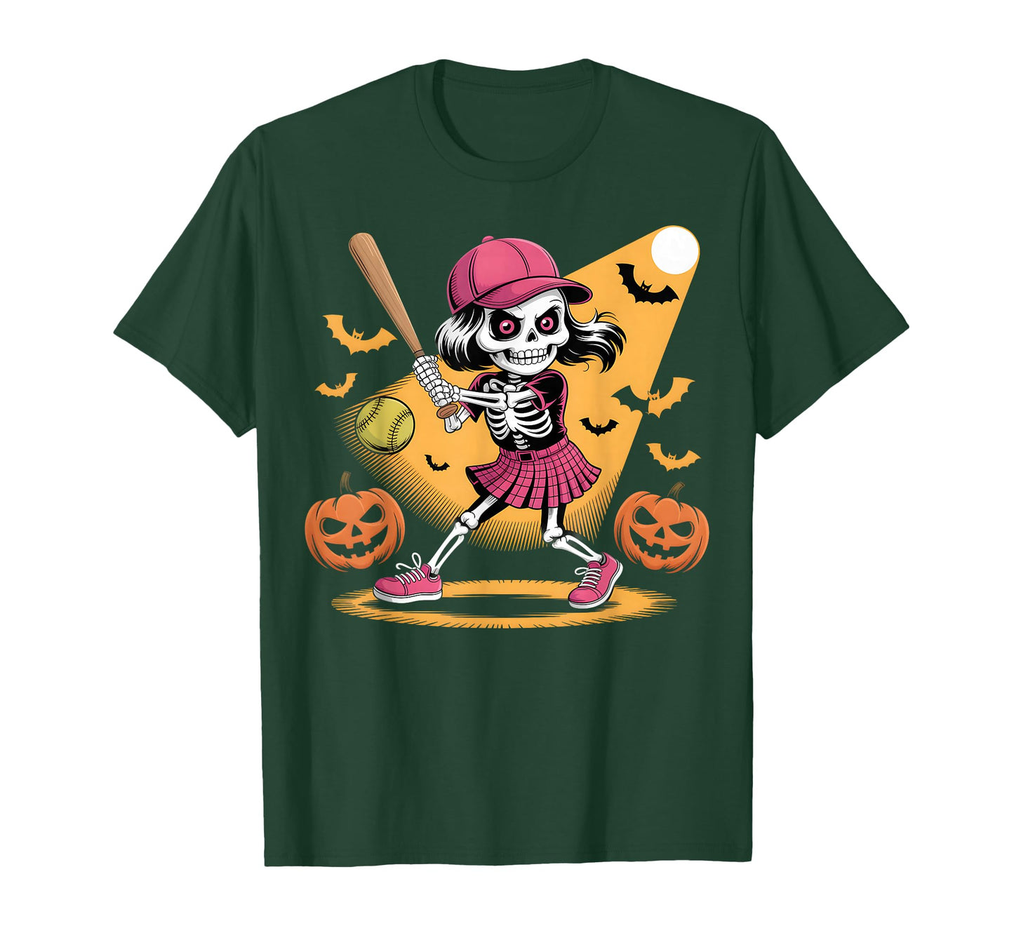 Skeleton Girl Softball Halloween Pumpkins and Bats Costume T-Shirt