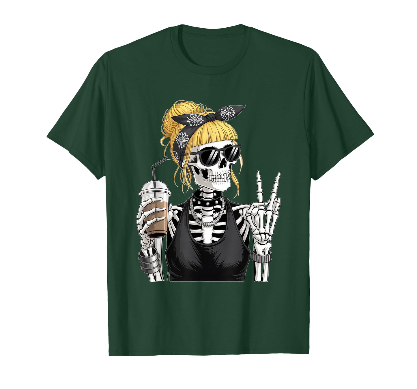 Skeleton Girl Drinking Coffee Peace Sign Graphic for Women T-Shirt