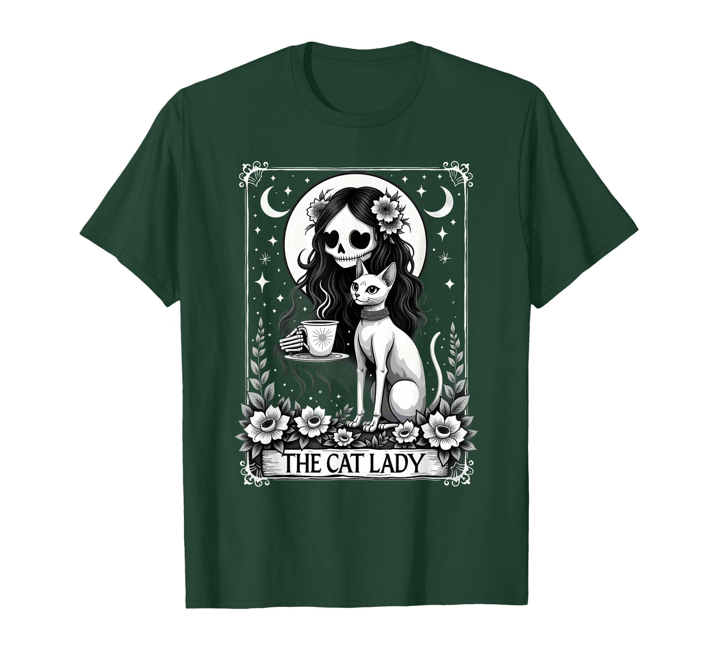 Gothic Tarot Card Cat Lady Skeleton Coffee T-Shirt