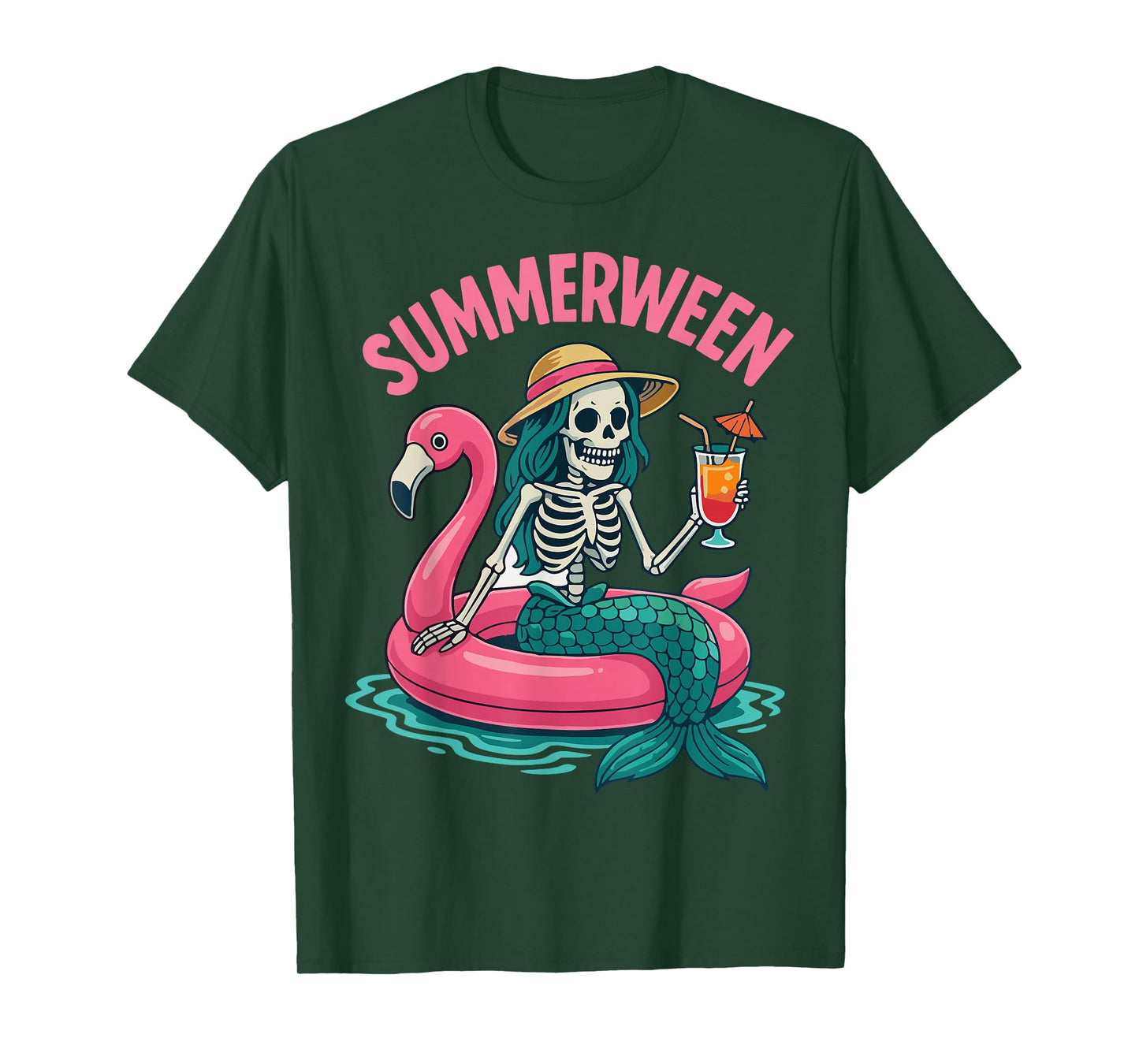 Summerween Mermaid Skeleton Halloween Flamingo Summer Vacay T-Shirt