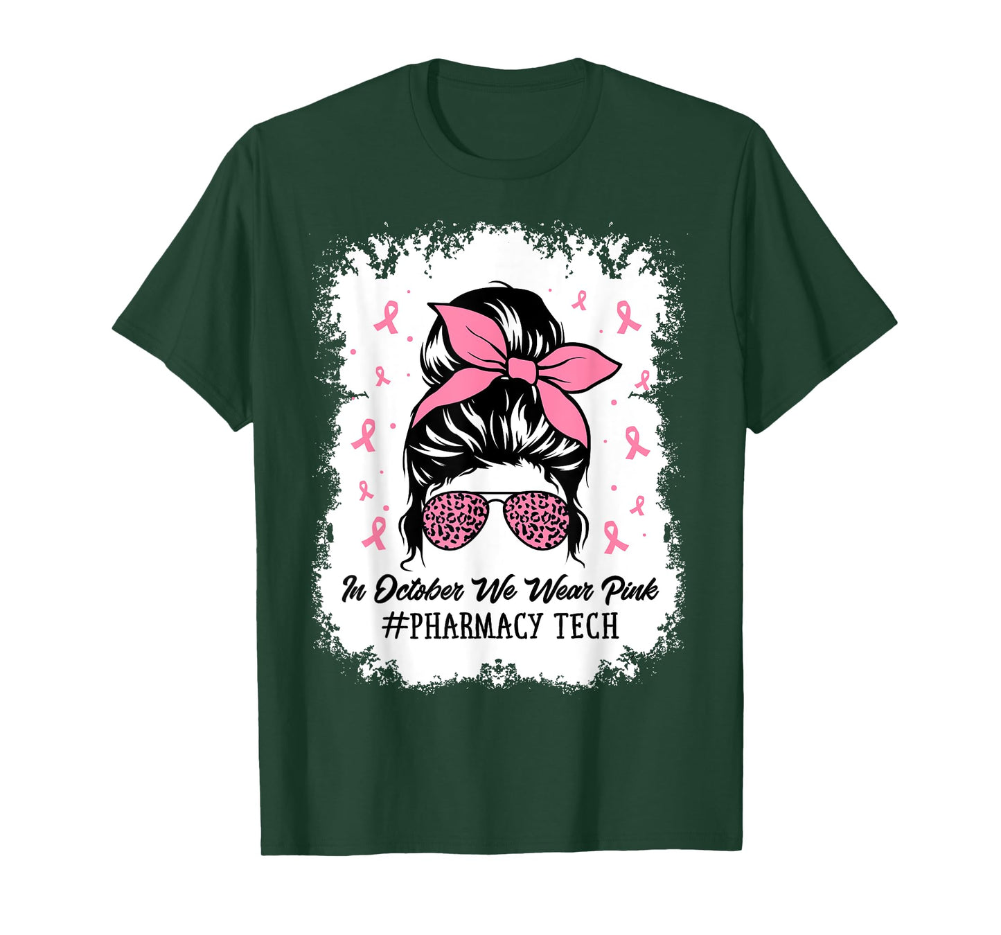 Pharmacy Tech Messy Bun Breast Cancer Awareness Women T-Shirt