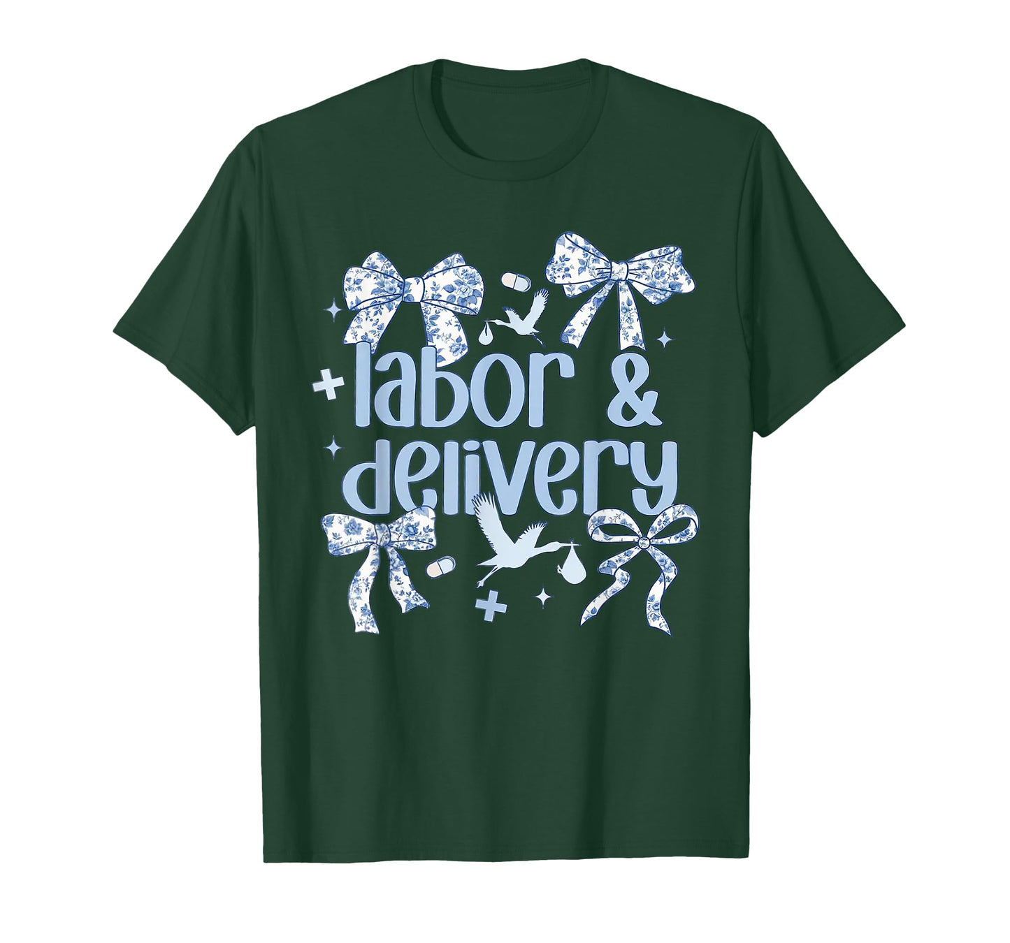 Labor and Delivery Nurse Blue Toile Coquette Bow Stork Squad T-Shirt