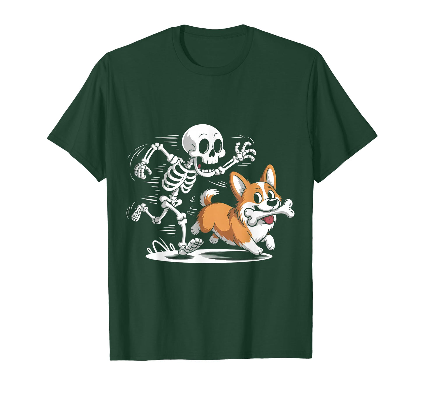 Skeleton Chasing Corgi Funny Halloween T-Shirt