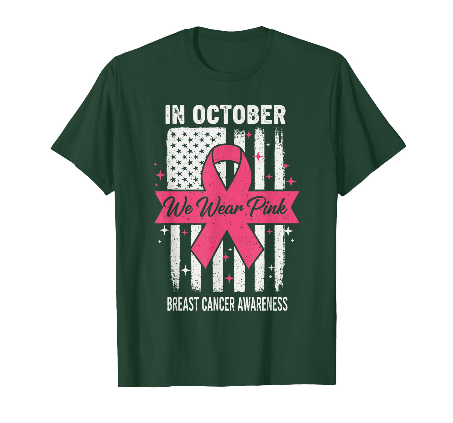 in October We Wear Pink 2025 US Flag Breast Cancer Awareness T-Shirt