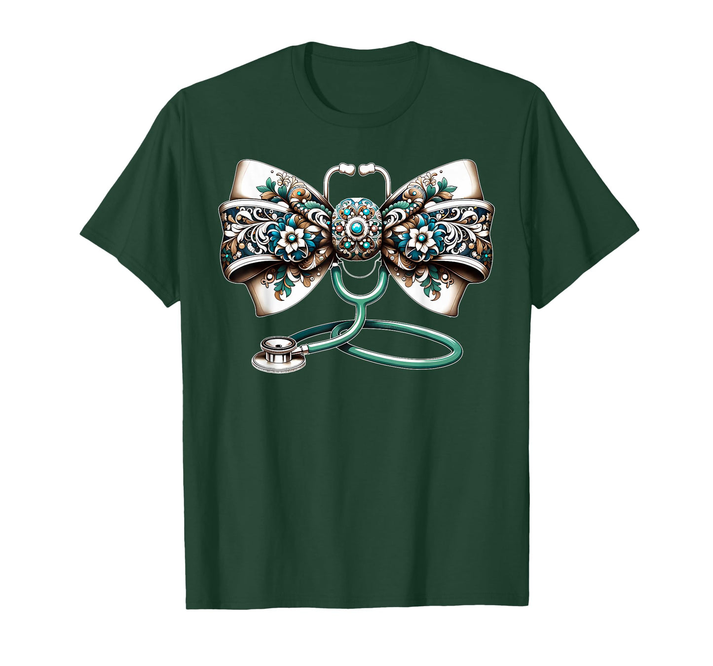 Coquette Bow Stethoscope Western Teal Turquoise RN Nurse T-Shirt