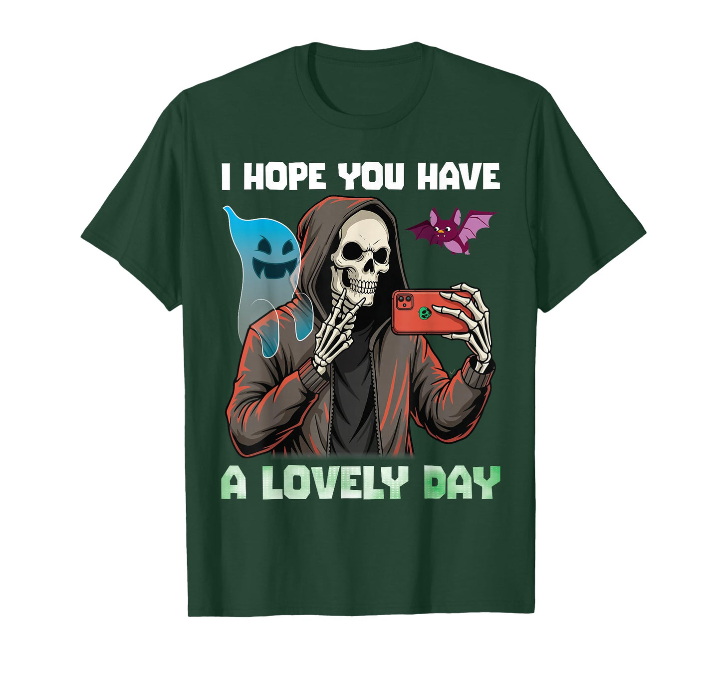 I Hope You Have A Lovely Day Skeleton Selfie with Ghost Bat T-Shirt