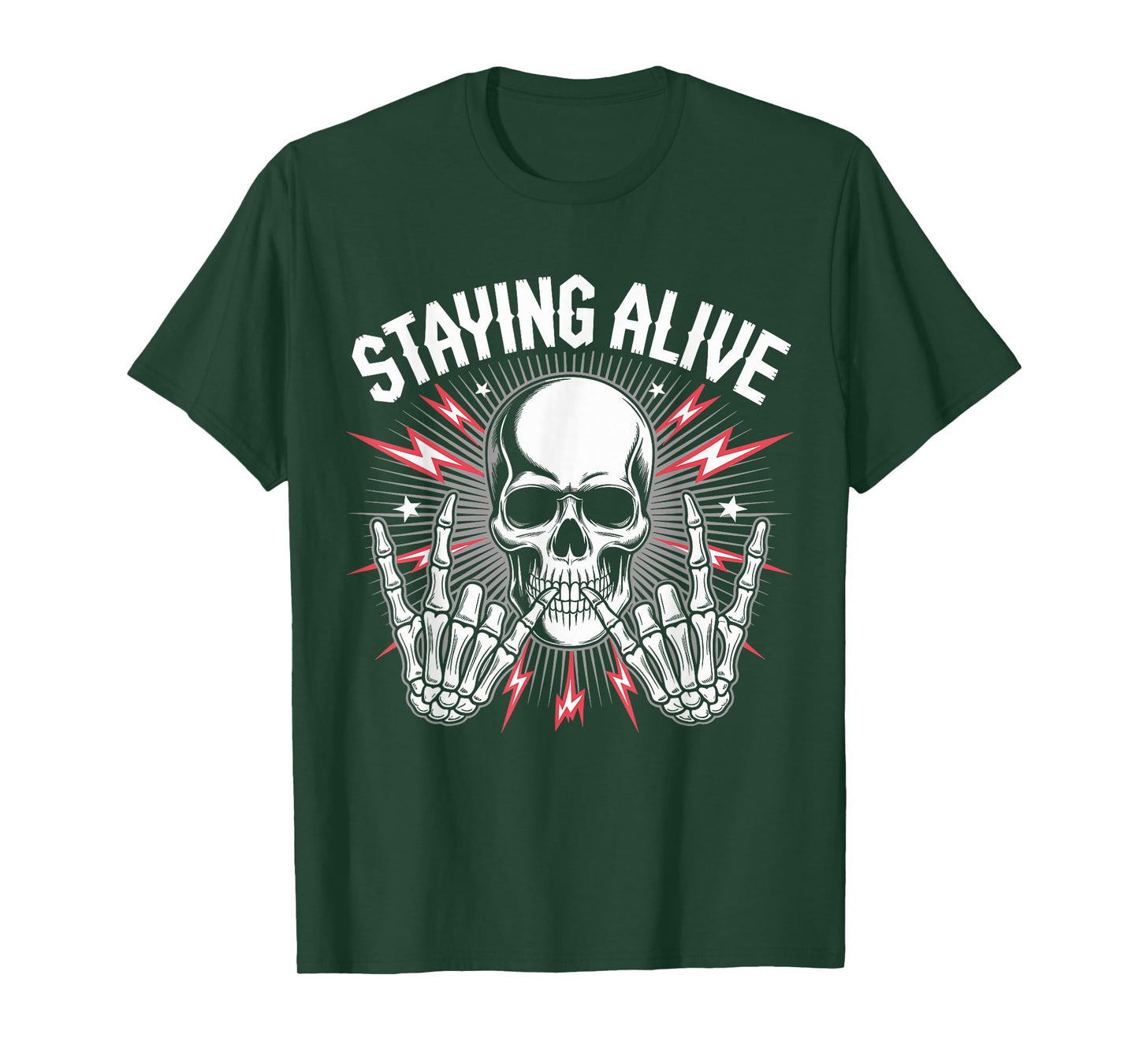 Staying Alive Skeleton Skull Rock Hand Retro Halloween T-Shirt
