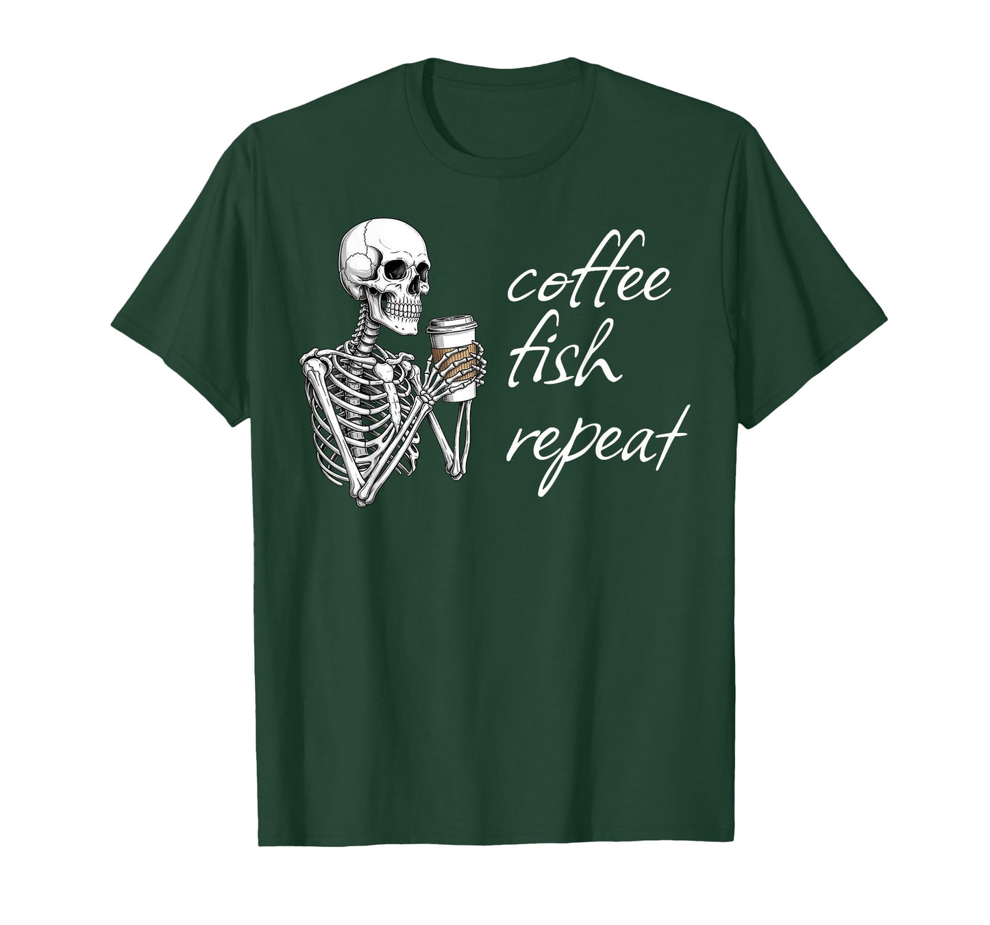 Coffee Fish Repeat Skeleton Fishing Spooky Halloween T-Shirt