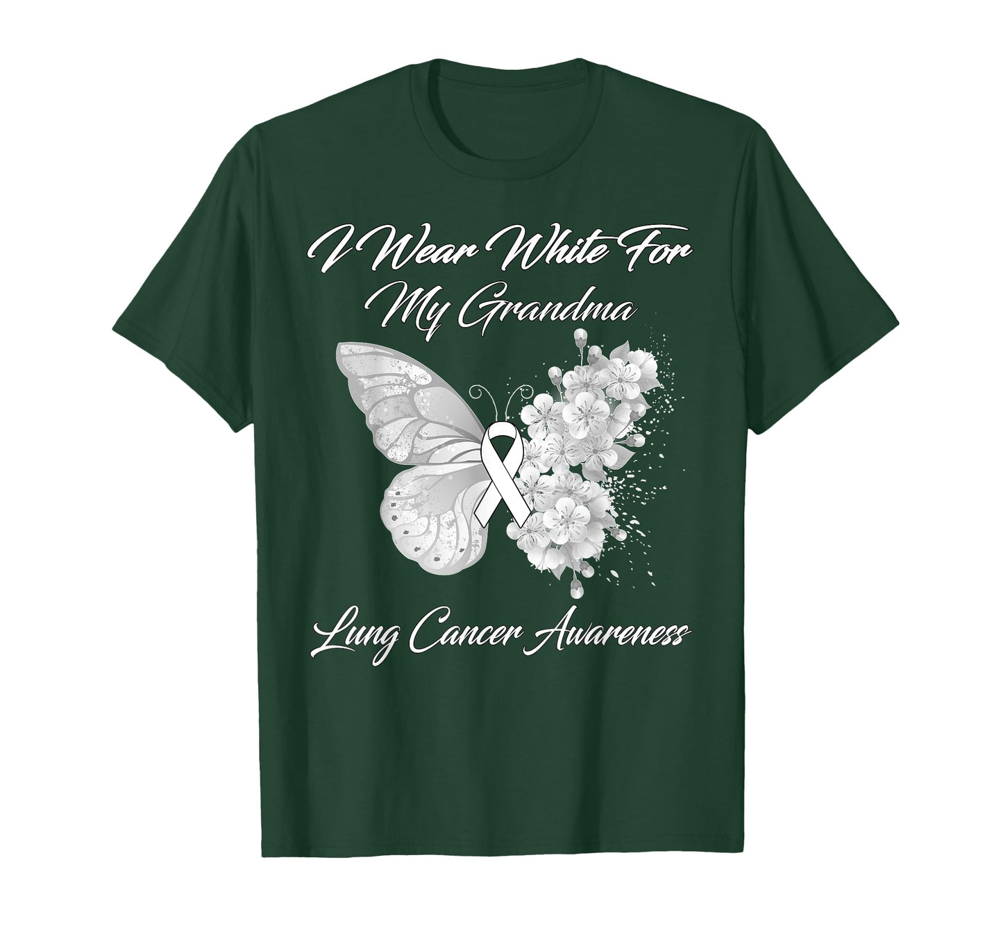 Butterfly I Wear White For My Grandma Lung Cancer Awareness T-Shirt