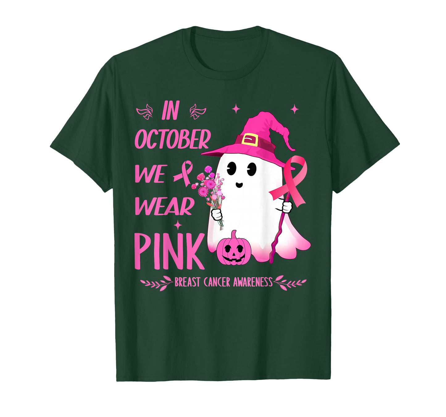 In October We Wear Pink Breast Cancer Ghost pumpkin Witch T-Shirt