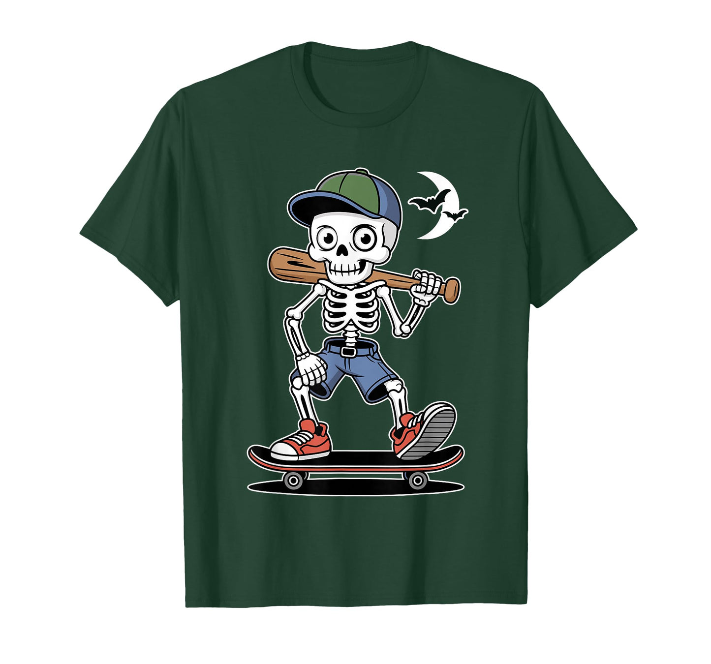 Halloween Skeleton Skater Baseball Moon Graphic T-Shirt